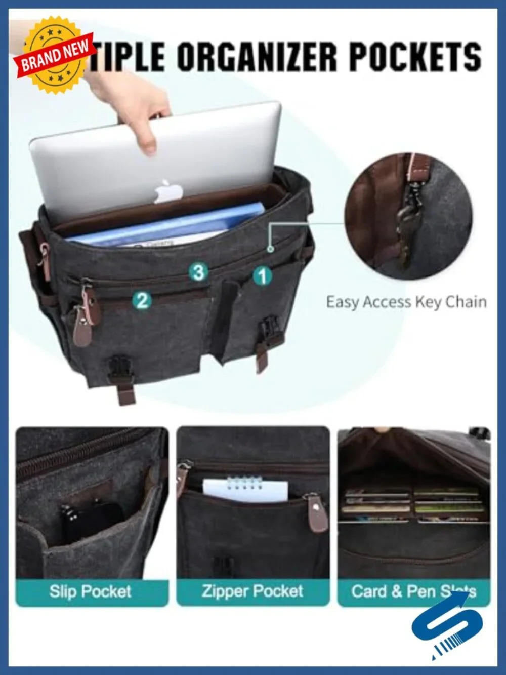 Water Resistant Canvas Messenger Bag 15.6 Inch Laptop Briefcase